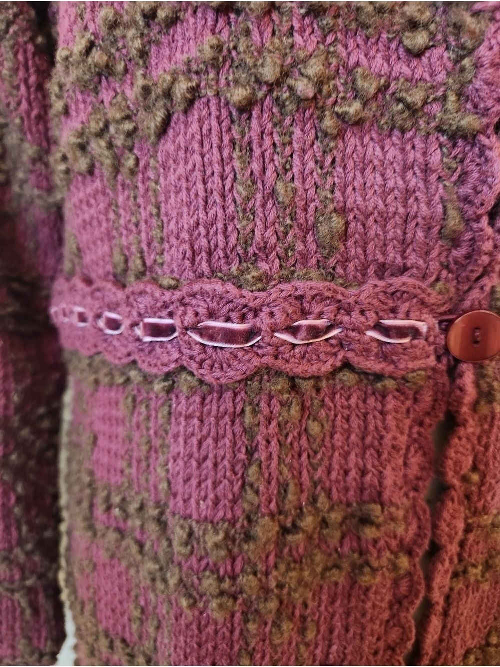 Vintage-Style Longline Knit Duster Cardigan - Plum & Brown Textured Empire Waist - Picture 6 of 15